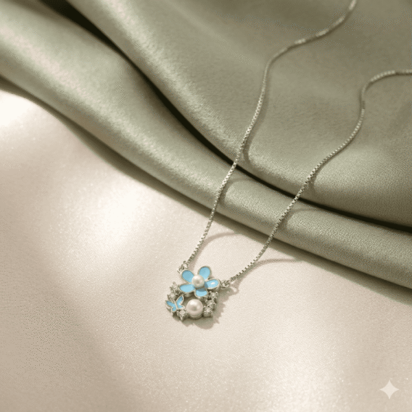 BLUE ENEMAL FLOWER WITH BUTTERFLY CHAIN PENDANT
