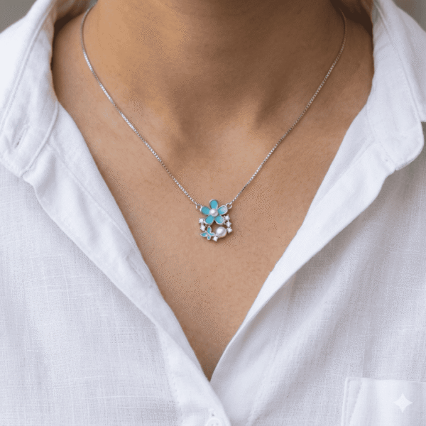 BLUE ENEMAL FLOWER WITH BUTTERFLY CHAIN PENDANT